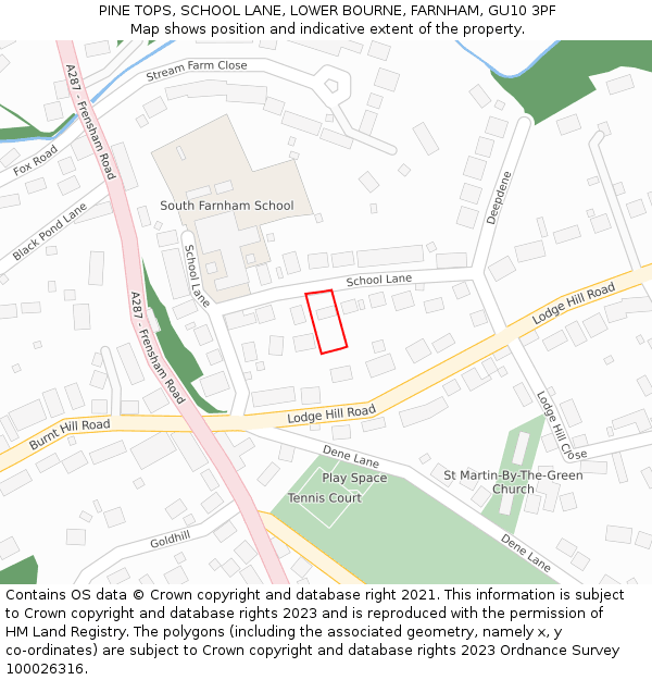 PINE TOPS, SCHOOL LANE, LOWER BOURNE, FARNHAM, GU10 3PF: Location map and indicative extent of plot