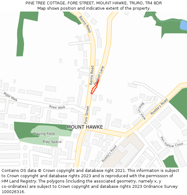 PINE TREE COTTAGE, FORE STREET, MOUNT HAWKE, TRURO, TR4 8DR: Location map and indicative extent of plot