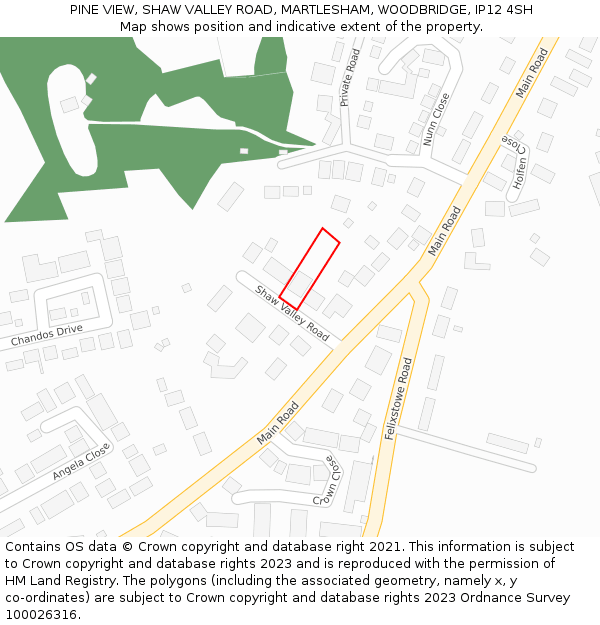PINE VIEW, SHAW VALLEY ROAD, MARTLESHAM, WOODBRIDGE, IP12 4SH: Location map and indicative extent of plot