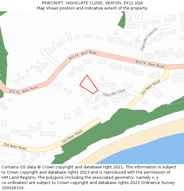 PINECROFT, HIGHCLIFFE CLOSE, SEATON, EX12 2QA: Location map and indicative extent of plot