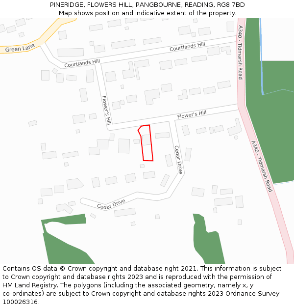 PINERIDGE, FLOWERS HILL, PANGBOURNE, READING, RG8 7BD: Location map and indicative extent of plot