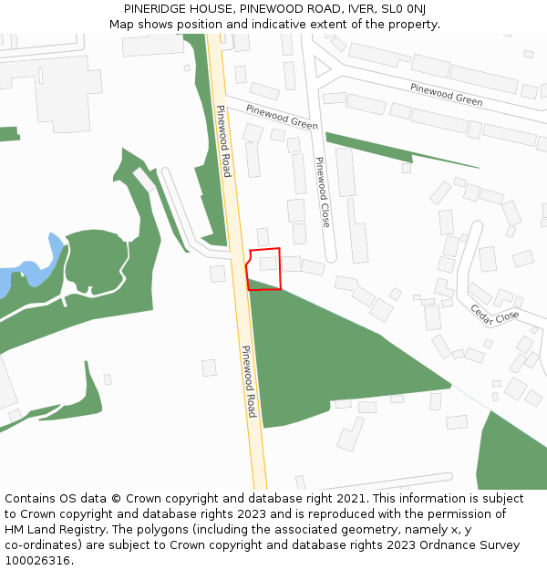 PINERIDGE HOUSE, PINEWOOD ROAD, IVER, SL0 0NJ: Location map and indicative extent of plot