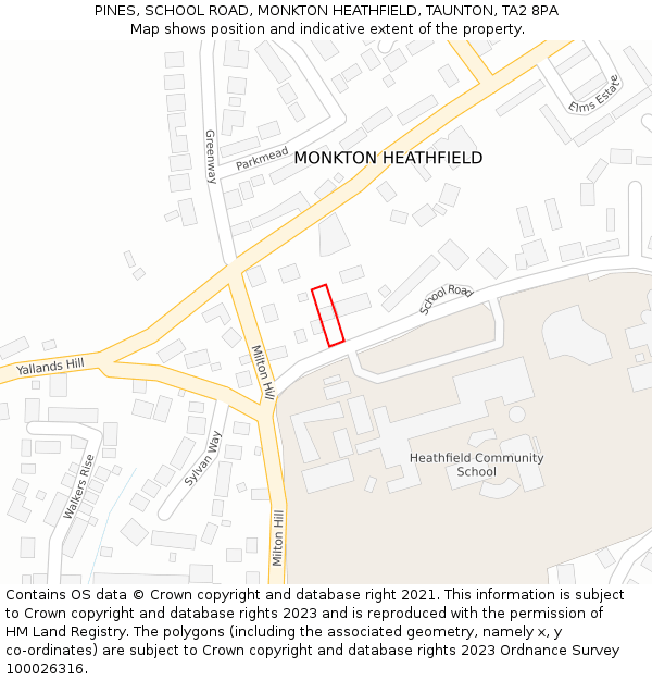 PINES, SCHOOL ROAD, MONKTON HEATHFIELD, TAUNTON, TA2 8PA: Location map and indicative extent of plot