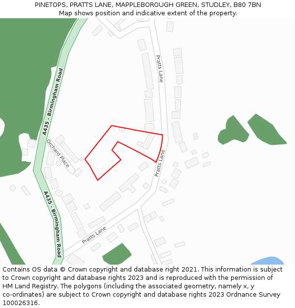 PINETOPS, PRATTS LANE, MAPPLEBOROUGH GREEN, STUDLEY, B80 7BN: Location map and indicative extent of plot