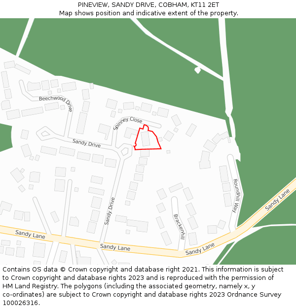PINEVIEW, SANDY DRIVE, COBHAM, KT11 2ET: Location map and indicative extent of plot