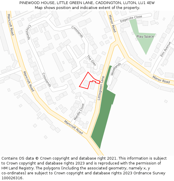 PINEWOOD HOUSE, LITTLE GREEN LANE, CADDINGTON, LUTON, LU1 4EW: Location map and indicative extent of plot