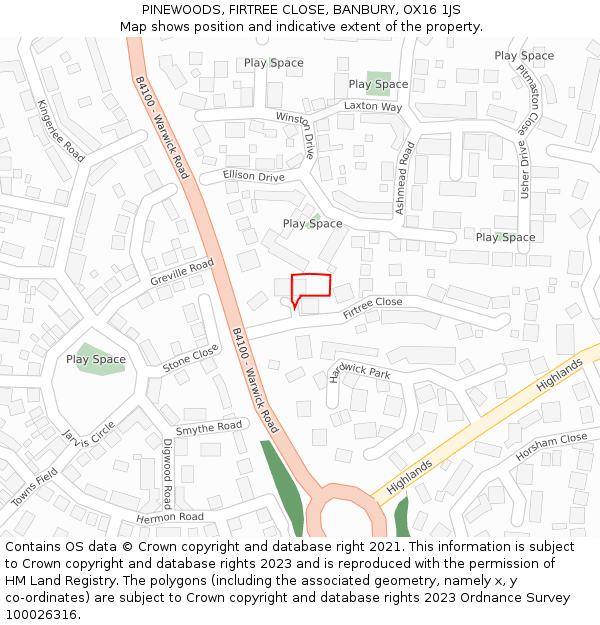 PINEWOODS, FIRTREE CLOSE, BANBURY, OX16 1JS: Location map and indicative extent of plot