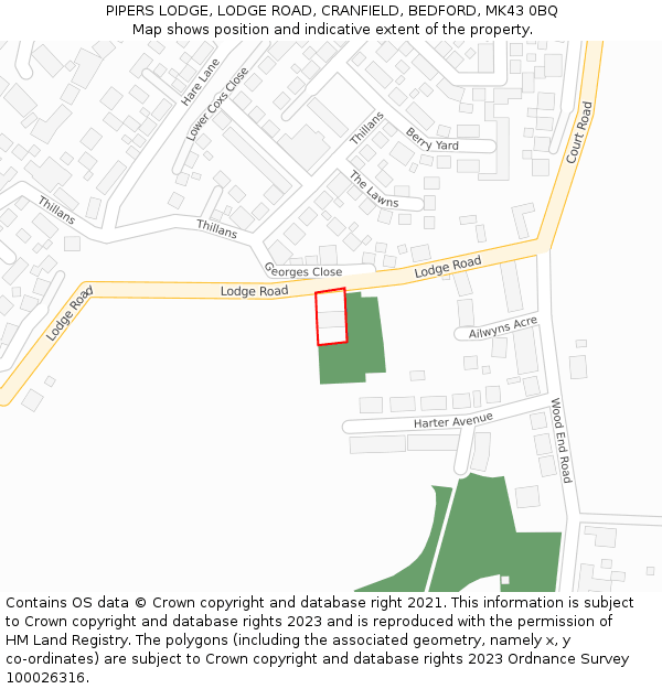 PIPERS LODGE, LODGE ROAD, CRANFIELD, BEDFORD, MK43 0BQ: Location map and indicative extent of plot