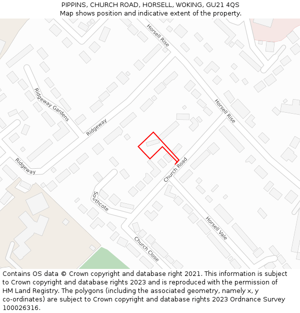 PIPPINS, CHURCH ROAD, HORSELL, WOKING, GU21 4QS: Location map and indicative extent of plot