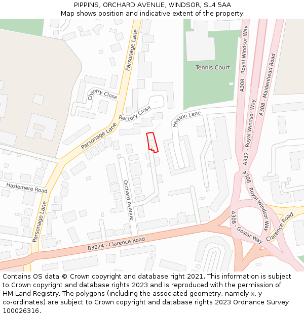 PIPPINS, ORCHARD AVENUE, WINDSOR, SL4 5AA: Location map and indicative extent of plot