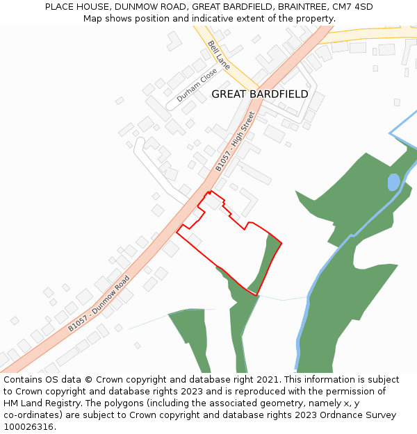 PLACE HOUSE, DUNMOW ROAD, GREAT BARDFIELD, BRAINTREE, CM7 4SD: Location map and indicative extent of plot