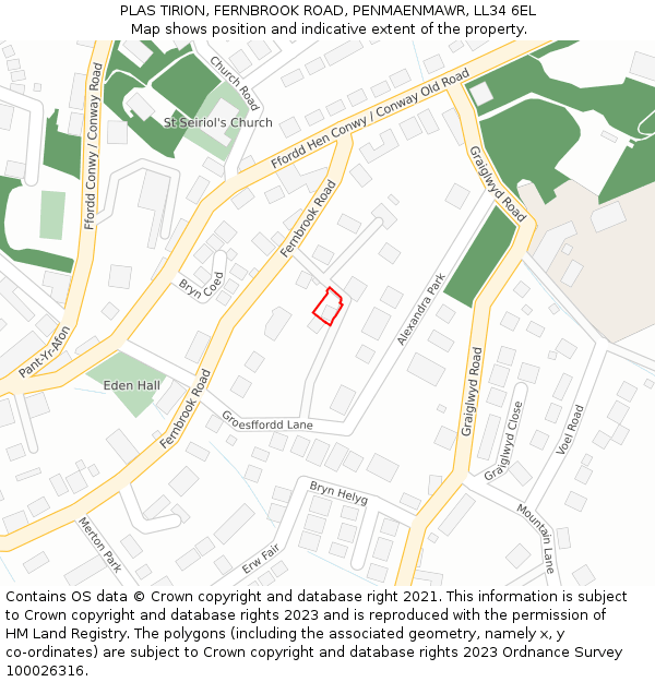 PLAS TIRION, FERNBROOK ROAD, PENMAENMAWR, LL34 6EL: Location map and indicative extent of plot