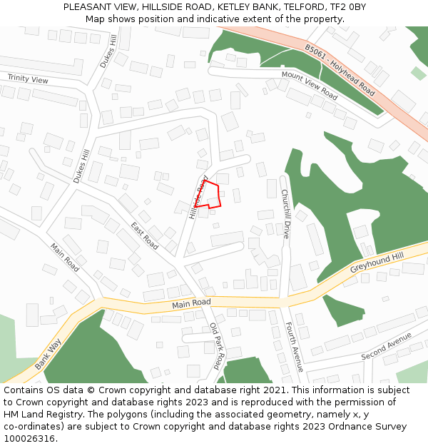 PLEASANT VIEW, HILLSIDE ROAD, KETLEY BANK, TELFORD, TF2 0BY: Location map and indicative extent of plot