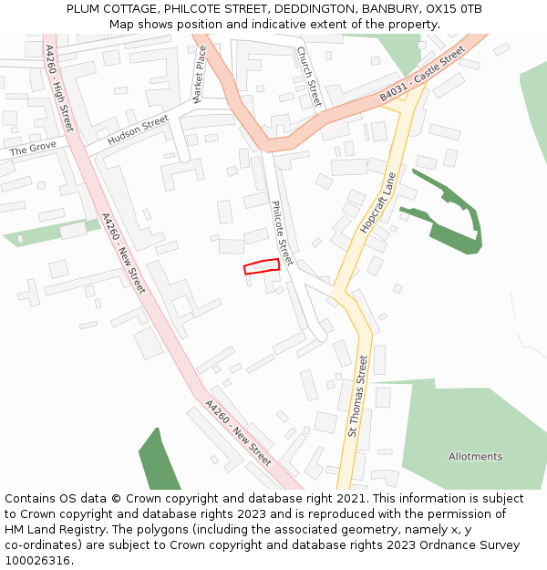 PLUM COTTAGE, PHILCOTE STREET, DEDDINGTON, BANBURY, OX15 0TB: Location map and indicative extent of plot