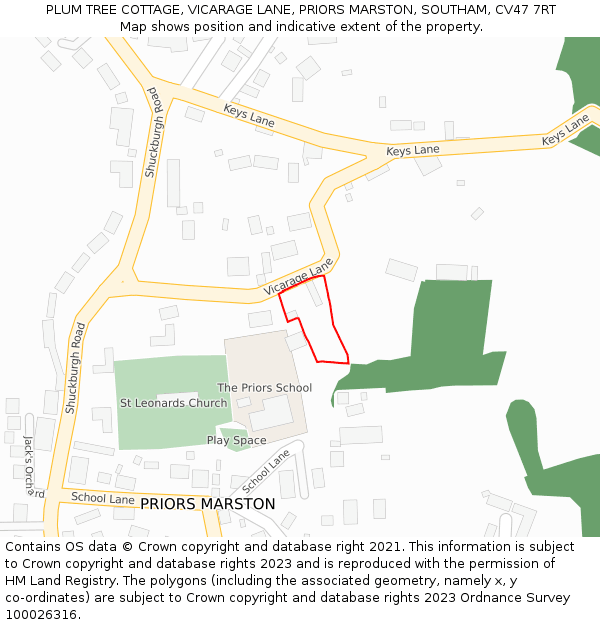 PLUM TREE COTTAGE, VICARAGE LANE, PRIORS MARSTON, SOUTHAM, CV47 7RT: Location map and indicative extent of plot