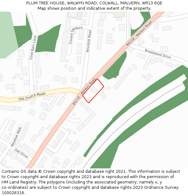 PLUM TREE HOUSE, WALWYN ROAD, COLWALL, MALVERN, WR13 6QE: Location map and indicative extent of plot