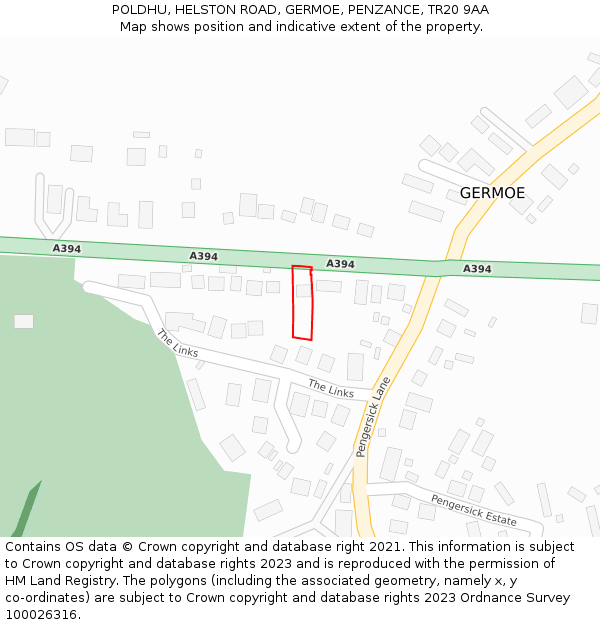 POLDHU, HELSTON ROAD, GERMOE, PENZANCE, TR20 9AA: Location map and indicative extent of plot