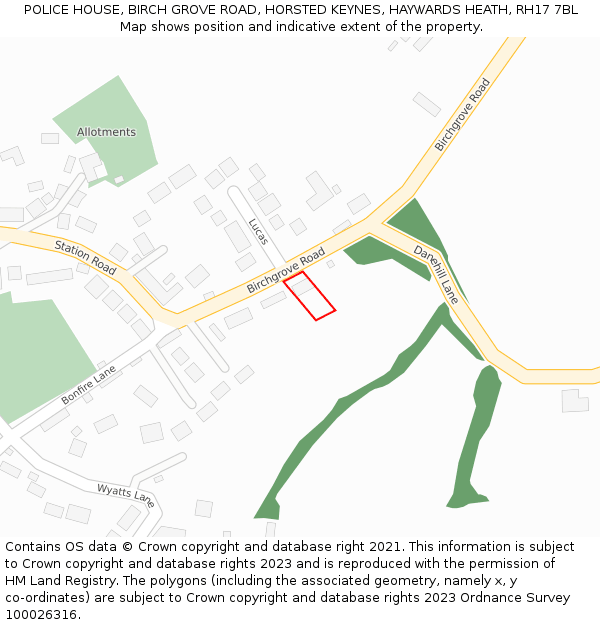 POLICE HOUSE, BIRCH GROVE ROAD, HORSTED KEYNES, HAYWARDS HEATH, RH17 7BL: Location map and indicative extent of plot