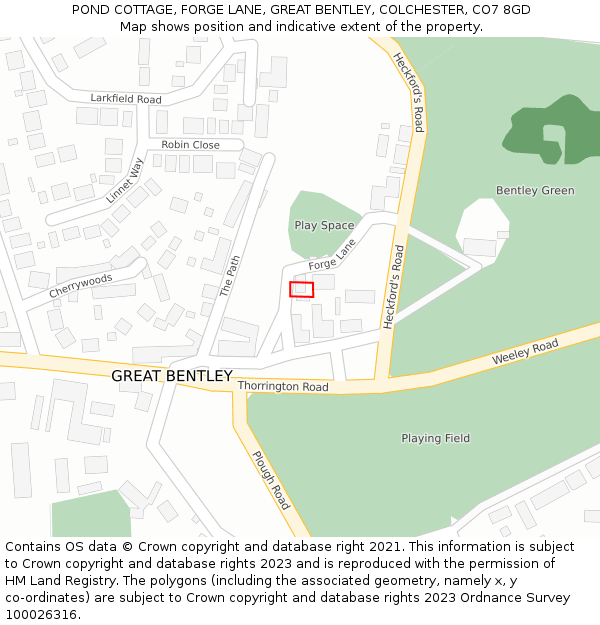 POND COTTAGE, FORGE LANE, GREAT BENTLEY, COLCHESTER, CO7 8GD: Location map and indicative extent of plot