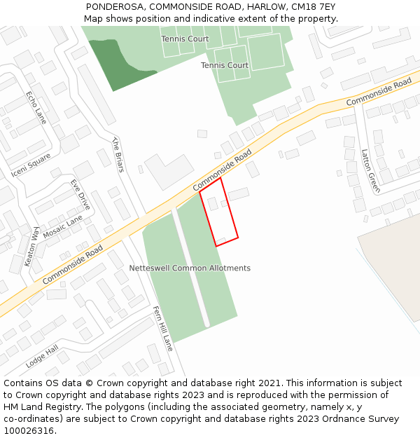 PONDEROSA, COMMONSIDE ROAD, HARLOW, CM18 7EY: Location map and indicative extent of plot