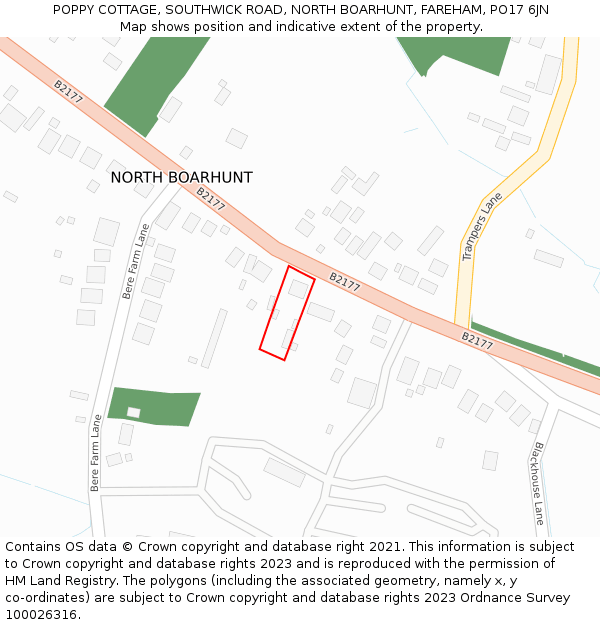 POPPY COTTAGE, SOUTHWICK ROAD, NORTH BOARHUNT, FAREHAM, PO17 6JN: Location map and indicative extent of plot