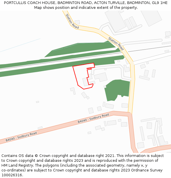 PORTCULLIS COACH HOUSE, BADMINTON ROAD, ACTON TURVILLE, BADMINTON, GL9 1HE: Location map and indicative extent of plot