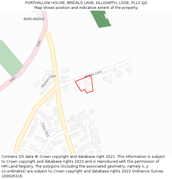 PORTHALLOW HOUSE, BRIDALS LANE, KILLIGARTH, LOOE, PL13 2JG: Location map and indicative extent of plot