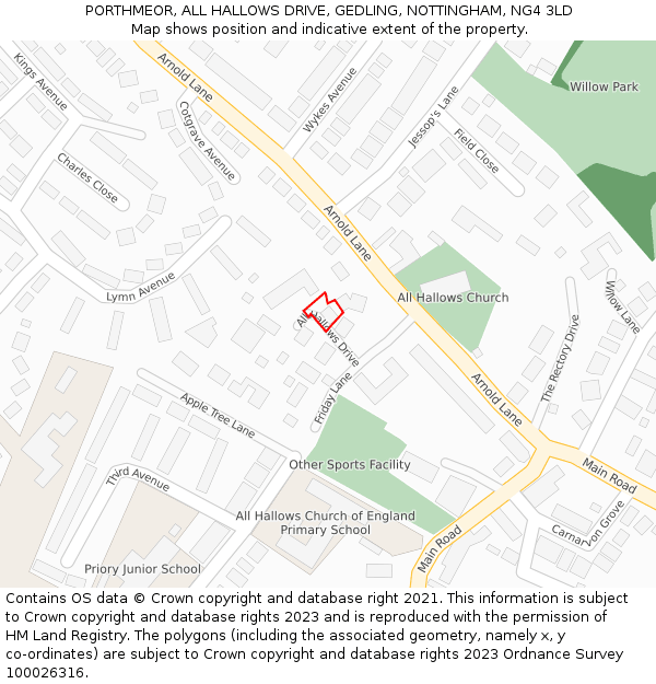 PORTHMEOR, ALL HALLOWS DRIVE, GEDLING, NOTTINGHAM, NG4 3LD: Location map and indicative extent of plot