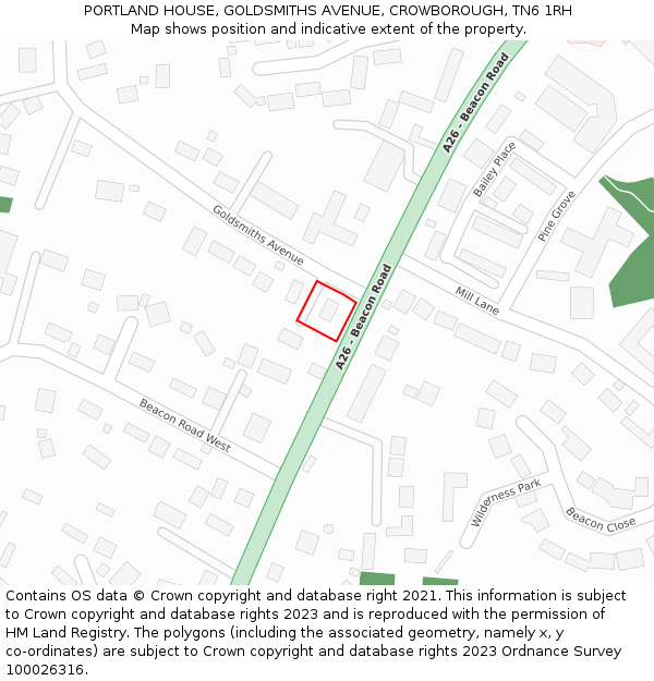 PORTLAND HOUSE, GOLDSMITHS AVENUE, CROWBOROUGH, TN6 1RH: Location map and indicative extent of plot