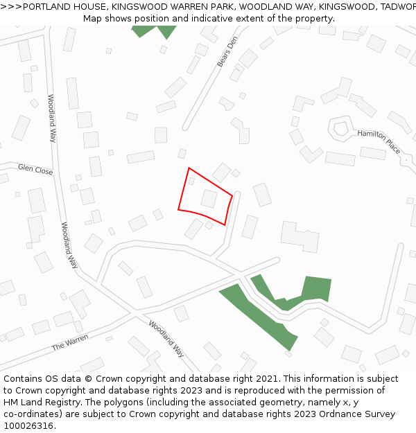 PORTLAND HOUSE, KINGSWOOD WARREN PARK, WOODLAND WAY, KINGSWOOD, TADWORTH, KT20 6AD: Location map and indicative extent of plot