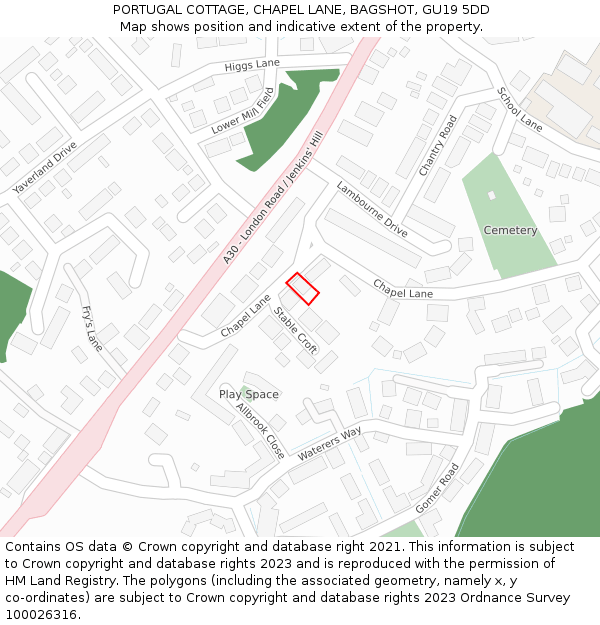 PORTUGAL COTTAGE, CHAPEL LANE, BAGSHOT, GU19 5DD: Location map and indicative extent of plot