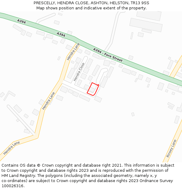 PRESCELLY, HENDRA CLOSE, ASHTON, HELSTON, TR13 9SS: Location map and indicative extent of plot