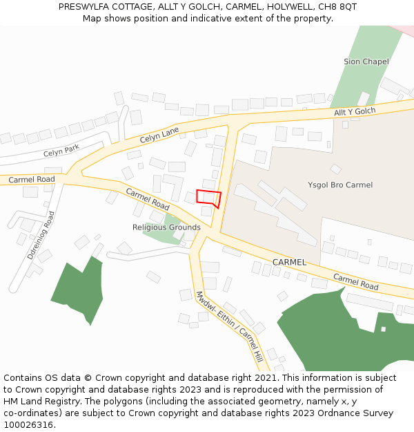 PRESWYLFA COTTAGE, ALLT Y GOLCH, CARMEL, HOLYWELL, CH8 8QT: Location map and indicative extent of plot