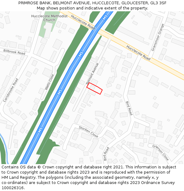 PRIMROSE BANK, BELMONT AVENUE, HUCCLECOTE, GLOUCESTER, GL3 3SF: Location map and indicative extent of plot