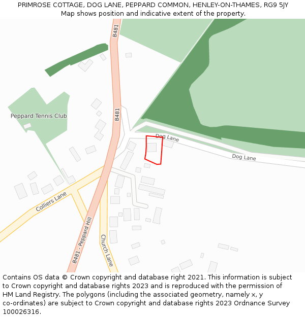 PRIMROSE COTTAGE, DOG LANE, PEPPARD COMMON, HENLEY-ON-THAMES, RG9 5JY: Location map and indicative extent of plot