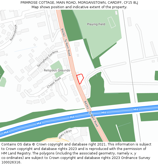 PRIMROSE COTTAGE, MAIN ROAD, MORGANSTOWN, CARDIFF, CF15 8LJ: Location map and indicative extent of plot