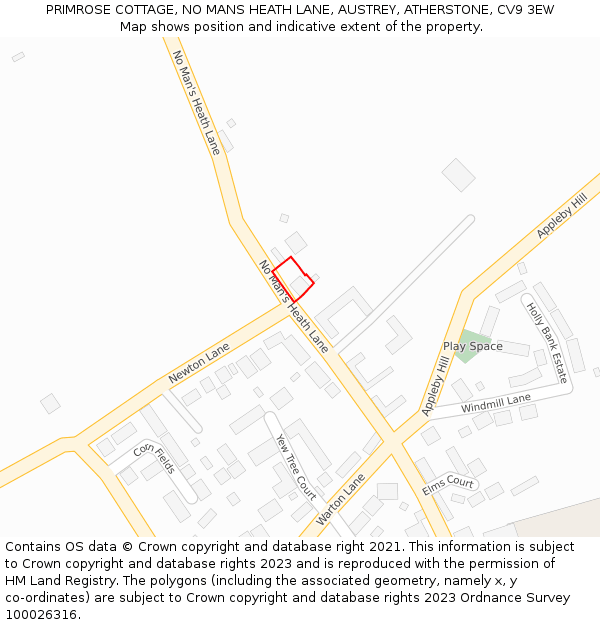 PRIMROSE COTTAGE, NO MANS HEATH LANE, AUSTREY, ATHERSTONE, CV9 3EW: Location map and indicative extent of plot