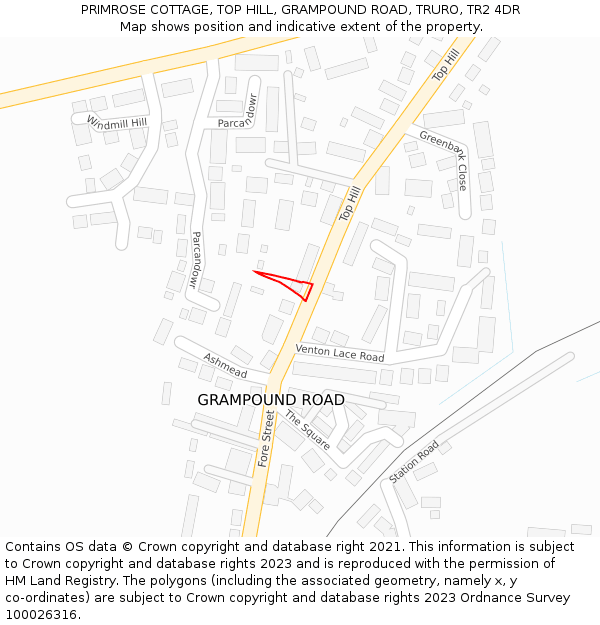 PRIMROSE COTTAGE, TOP HILL, GRAMPOUND ROAD, TRURO, TR2 4DR: Location map and indicative extent of plot