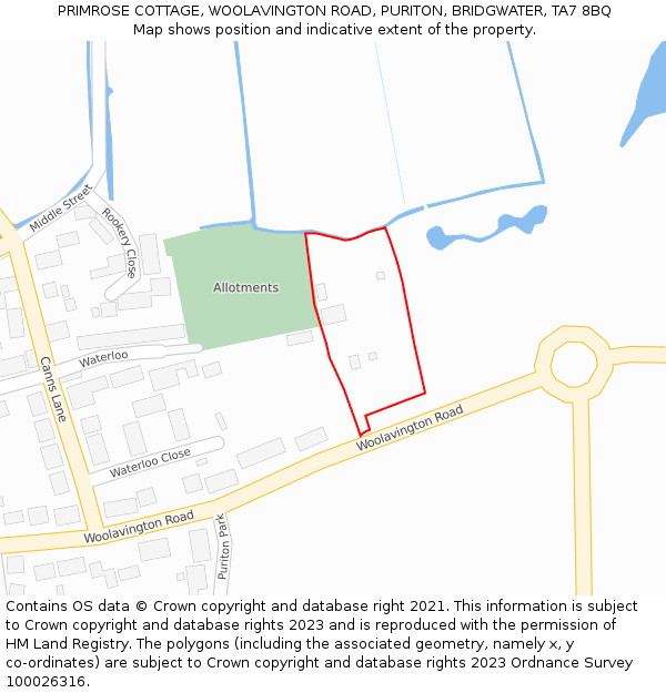 PRIMROSE COTTAGE, WOOLAVINGTON ROAD, PURITON, BRIDGWATER, TA7 8BQ: Location map and indicative extent of plot