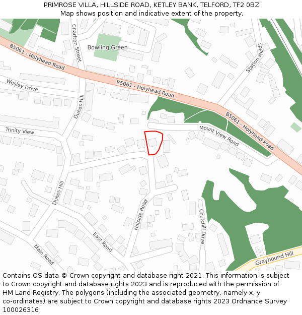 PRIMROSE VILLA, HILLSIDE ROAD, KETLEY BANK, TELFORD, TF2 0BZ: Location map and indicative extent of plot