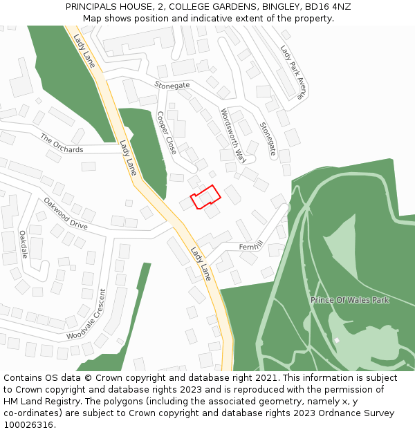 PRINCIPALS HOUSE, 2, COLLEGE GARDENS, BINGLEY, BD16 4NZ: Location map and indicative extent of plot