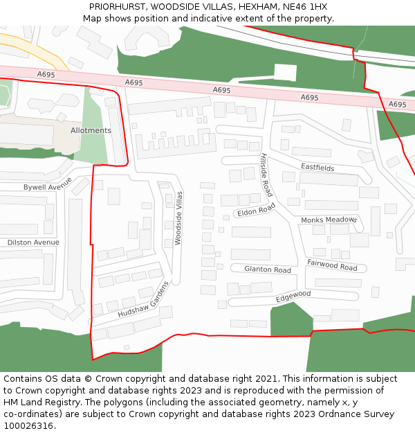PRIORHURST, WOODSIDE VILLAS, HEXHAM, NE46 1HX: Location map and indicative extent of plot