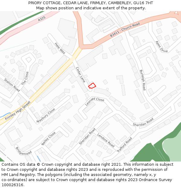 PRIORY COTTAGE, CEDAR LANE, FRIMLEY, CAMBERLEY, GU16 7HT: Location map and indicative extent of plot