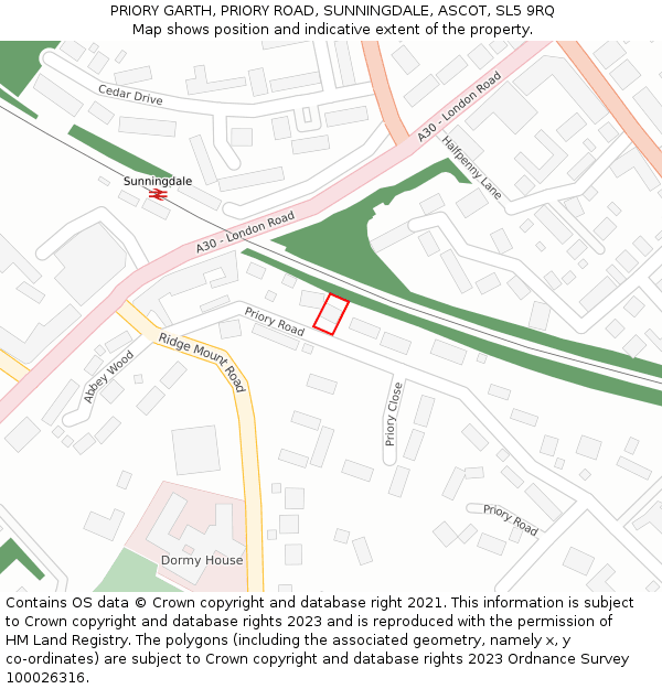 PRIORY GARTH, PRIORY ROAD, SUNNINGDALE, ASCOT, SL5 9RQ: Location map and indicative extent of plot