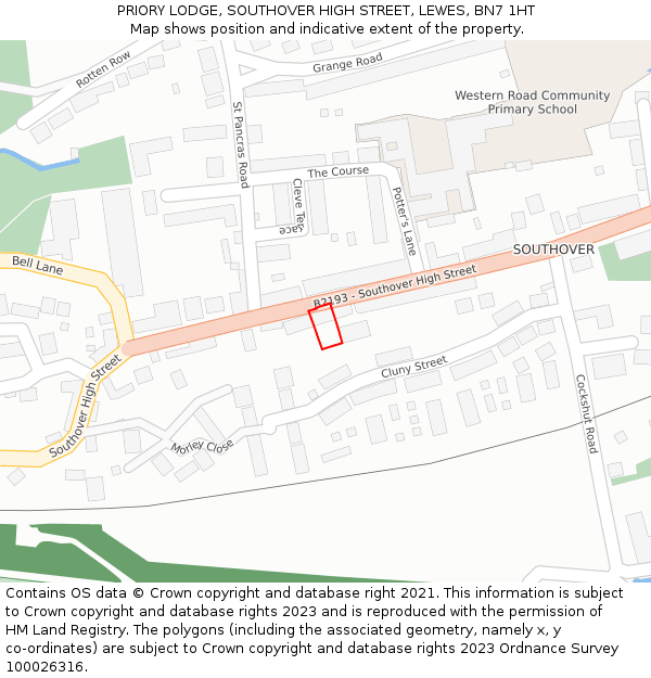 PRIORY LODGE, SOUTHOVER HIGH STREET, LEWES, BN7 1HT: Location map and indicative extent of plot