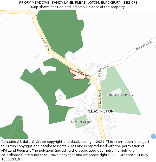 PRIORY MEADOWS, SANDY LANE, PLEASINGTON, BLACKBURN, BB2 6RE: Location map and indicative extent of plot