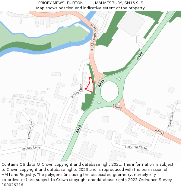 PRIORY MEWS, BURTON HILL, MALMESBURY, SN16 9LS: Location map and indicative extent of plot