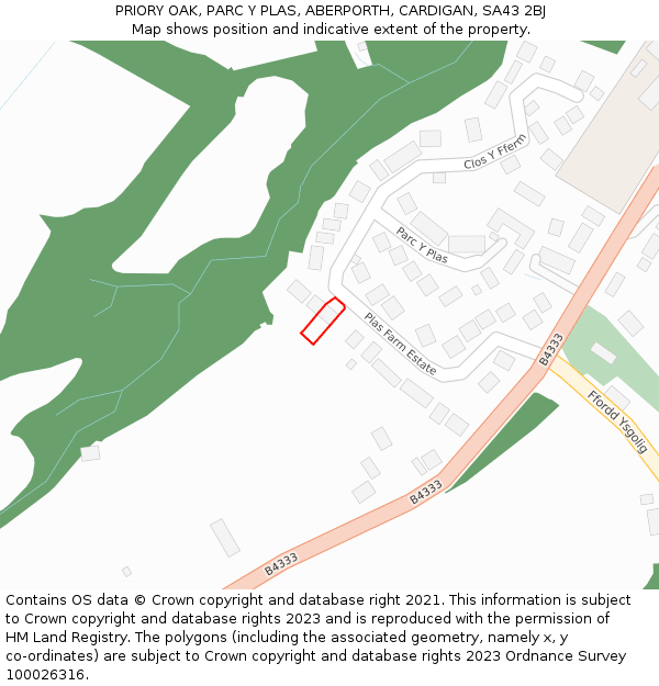 PRIORY OAK, PARC Y PLAS, ABERPORTH, CARDIGAN, SA43 2BJ: Location map and indicative extent of plot