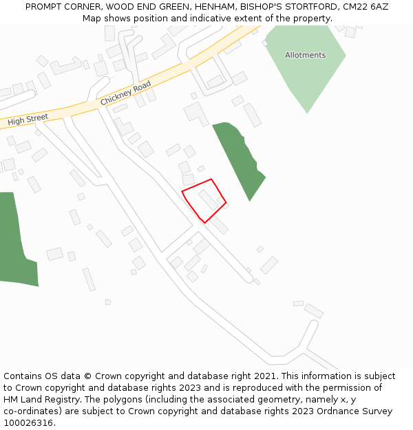 PROMPT CORNER, WOOD END GREEN, HENHAM, BISHOP'S STORTFORD, CM22 6AZ: Location map and indicative extent of plot