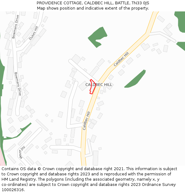 PROVIDENCE COTTAGE, CALDBEC HILL, BATTLE, TN33 0JS: Location map and indicative extent of plot